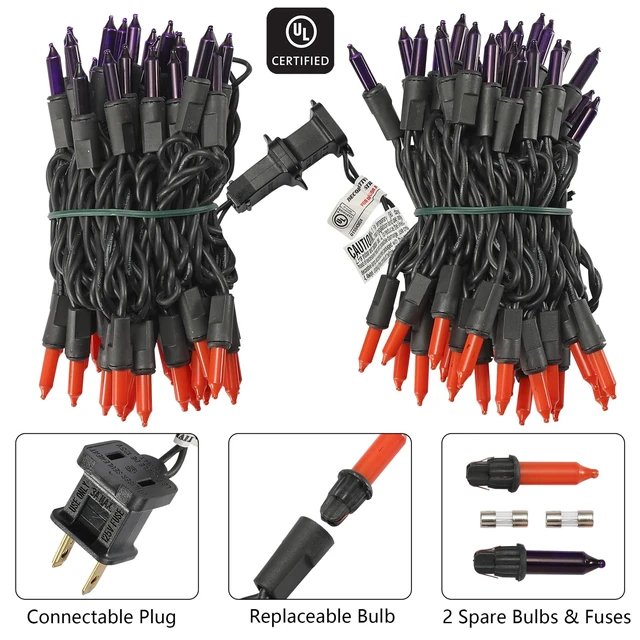 Alt view image 6 of 7 - Halloween Purple Orange String Lights Plug in, 21FT 100 Count Mini Incandescent Black Cord, Connectable Spooky Tree Lights for Mantle, Porch, Yard Decor