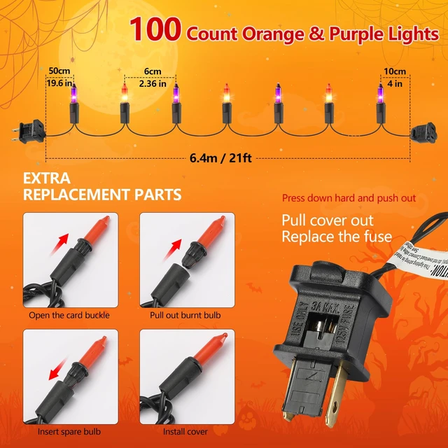 Alt view image 7 of 7 - Halloween Purple Orange String Lights Plug in, 21FT 100 Count Mini Incandescent Black Cord, Connectable Spooky Tree Lights for Mantle, Porch, Yard Decor