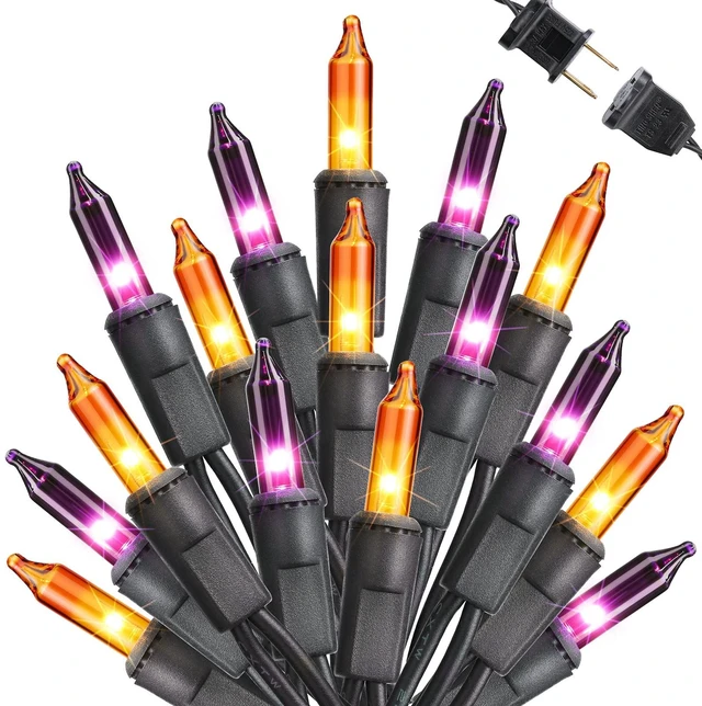 Main image of Orange & Purple Halloween Lights, 25ft 100 Count Incandescent String Light | UL Certified Connectable Mini Bulbs String Lights for Outdoor, Indoor, Garden, Porch, Party, Home, Halloween Decor