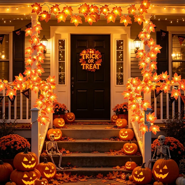 Alt view image 5 of 7 - Fall Decor 2 Pack Fall Garland with Lights Enlarged Maple Leaves 20Ft 40LED Halloween Fall Decorations for Home Battery Operated Waterproof Autumn String Lights Indoor Outdoor Thanksgiving Decorations