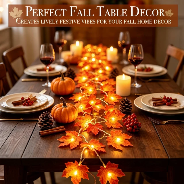 Alt view image 6 of 7 - Fall Decor 2 Pack Fall Garland with Lights Enlarged Maple Leaves 20Ft 40LED Halloween Fall Decorations for Home Battery Operated Waterproof Autumn String Lights Indoor Outdoor Thanksgiving Decorations
