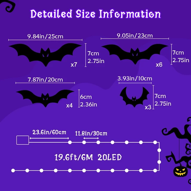 Alt view image 2 of 7 - Halloween Bats Fairy Lights Wall Decor, 20 Packs Lighted Bats Stickers with Timer Halloween Party Wall Window Indoor Home Decorations