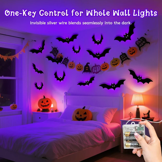 Alt view image 4 of 7 - Halloween Bats Fairy Lights Wall Decor, 20 Packs Lighted Bats Stickers with Timer Halloween Party Wall Window Indoor Home Decorations