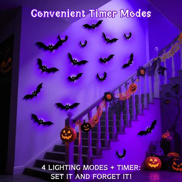 Alt view image 3 of 7 - Halloween Bats Fairy Lights Wall Decor, 20 Packs Lighted Bats Stickers with Timer Halloween Party Wall Window Indoor Home Decorations