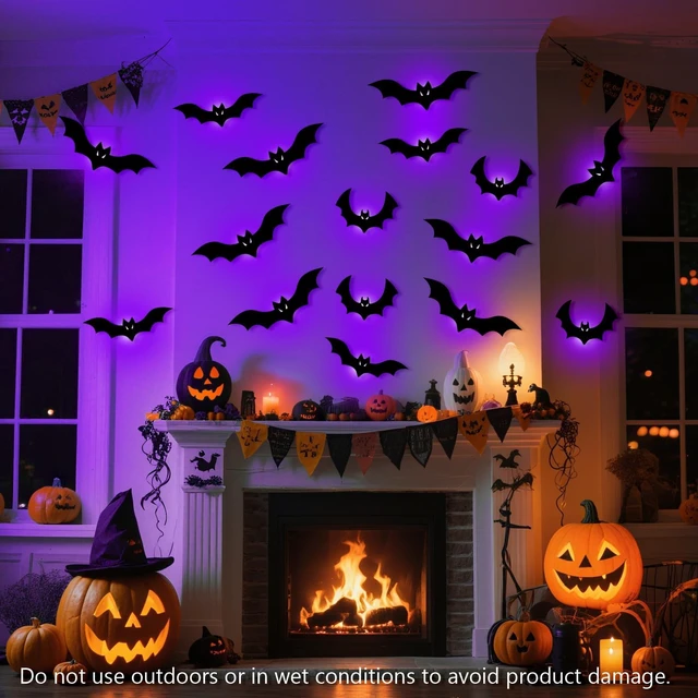 Alt view image 5 of 7 - Halloween Bats Fairy Lights Wall Decor, 20 Packs Lighted Bats Stickers with Timer Halloween Party Wall Window Indoor Home Decorations