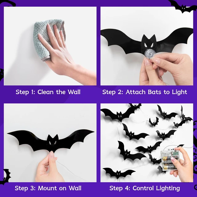 Alt view image 6 of 7 - Halloween Bats Fairy Lights Wall Decor, 20 Packs Lighted Bats Stickers with Timer Halloween Party Wall Window Indoor Home Decorations