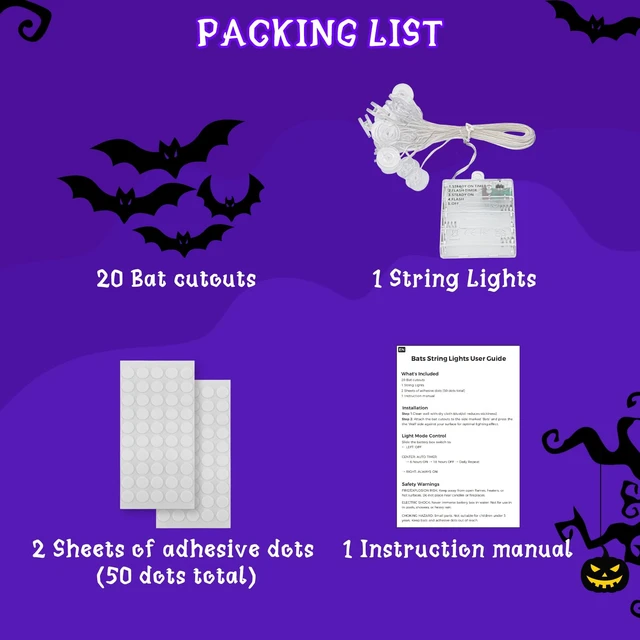Alt view image 7 of 7 - Halloween Bats Fairy Lights Wall Decor, 20 Packs Lighted Bats Stickers with Timer Halloween Party Wall Window Indoor Home Decorations