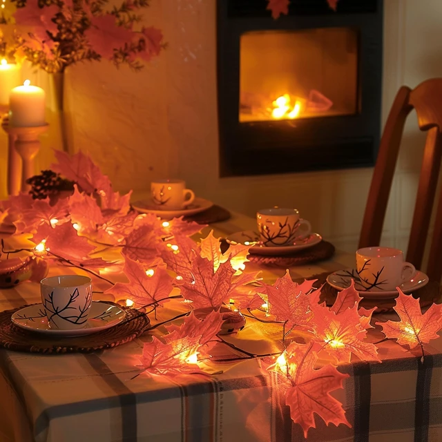 Alt view image 5 of 7 - 2 Pack Thanksgiving Maple Leaf String Lights, Total 20FT 40 LED Battery Operated Lighted Fall Leaves Garland, Halloween Decorations for Indoor Outdoor Autumn Harvest Decor
