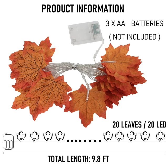 Alt view image 2 of 7 - 2 Pack Thanksgiving Maple Leaf String Lights, Total 20FT 40 LED Battery Operated Lighted Fall Leaves Garland, Halloween Decorations for Indoor Outdoor Autumn Harvest Decor