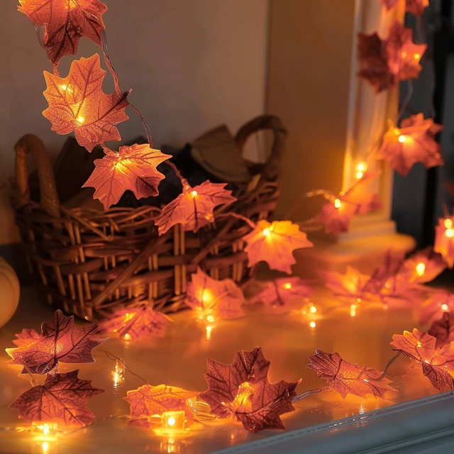 Alt view image 7 of 7 - 2 Pack Thanksgiving Maple Leaf String Lights, Total 20FT 40 LED Battery Operated Lighted Fall Leaves Garland, Halloween Decorations for Indoor Outdoor Autumn Harvest Decor
