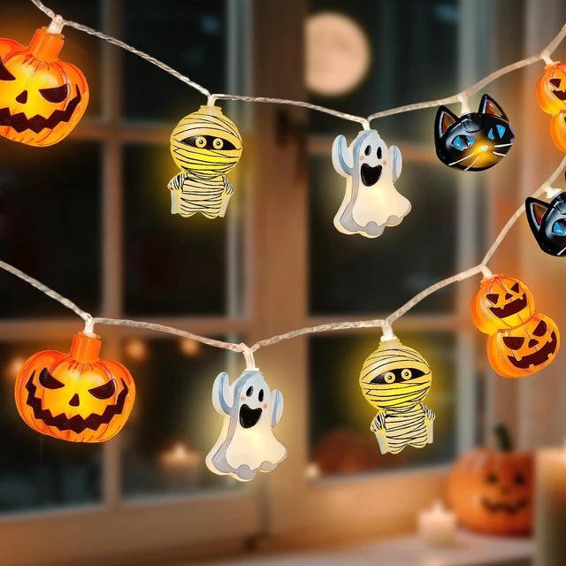 Main image of Halloween String Lights Indoor: 9.84 FT 20 LED Battery Operated Pumpkin Ghost Cat Lighted Decorations 8 Modes Waterproof Timer for Window Porch House Room Bedroom Party Decor