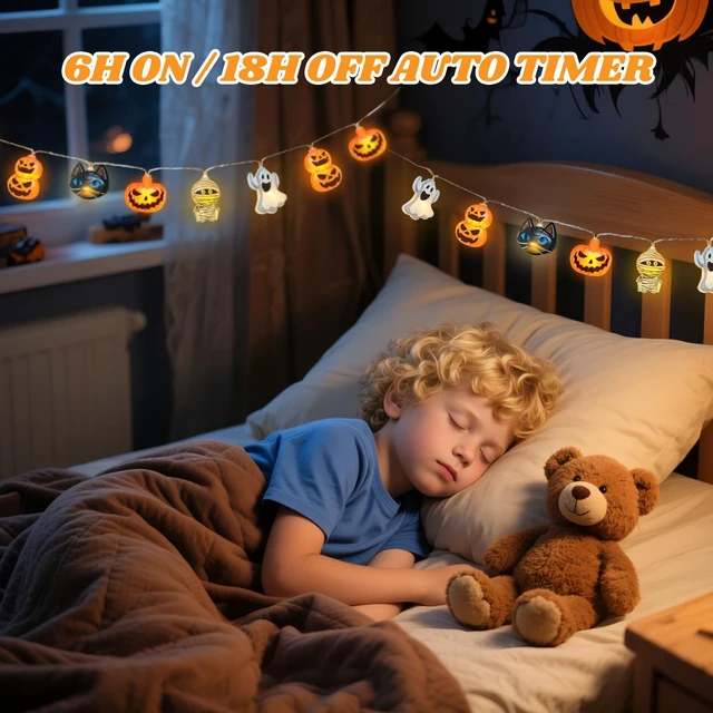 Alt view image 4 of 7 - Halloween String Lights Indoor: 9.84 FT 20 LED Battery Operated Pumpkin Ghost Cat Lighted Decorations 8 Modes Waterproof Timer for Window Porch House Room Bedroom Party Decor