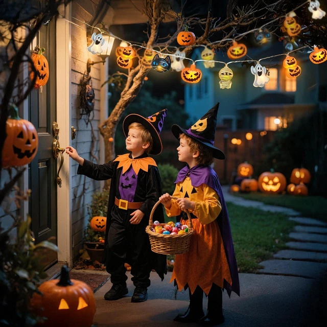 Alt view image 6 of 7 - Halloween String Lights Indoor: 9.84 FT 20 LED Battery Operated Pumpkin Ghost Cat Lighted Decorations 8 Modes Waterproof Timer for Window Porch House Room Bedroom Party Decor