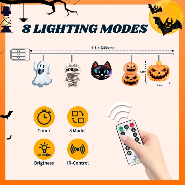 Alt view image 5 of 7 - Halloween String Lights Indoor: 9.84 FT 20 LED Battery Operated Pumpkin Ghost Cat Lighted Decorations 8 Modes Waterproof Timer for Window Porch House Room Bedroom Party Decor