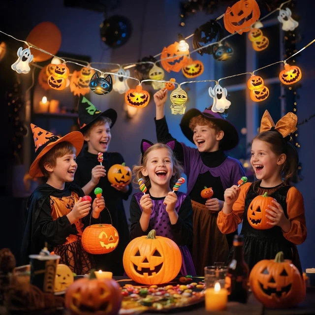 Alt view image 7 of 7 - Halloween String Lights Indoor: 9.84 FT 20 LED Battery Operated Pumpkin Ghost Cat Lighted Decorations 8 Modes Waterproof Timer for Window Porch House Room Bedroom Party Decor
