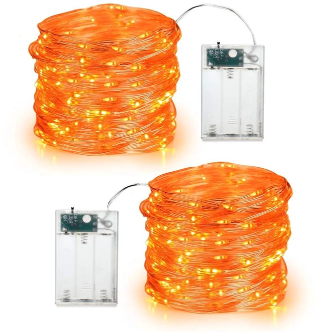 Main image of Orange Battery Operated Halloween LED Fairy String Lights Indoor | 2 Pack 19.47 ft 60 Steady On/Twinkle LED Silver Wire, Mini DIY Craft Ornaments for Bedroom Christmas Thanksgiving Home Table