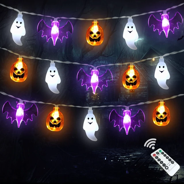 Main image of Halloween Lights Decor 16 ft 30 LED Battery Operated String Light | Timer, Remote Control, 8 Modes, Waterproof, Indoor Outdoor Use, 3D Pumpkin Bat Ghost Lights, Home Door Party Decorations