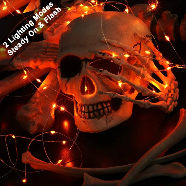 Alt view image 2 of 7 - Orange Battery Operated Halloween LED Fairy String Lights Indoor | 2 Pack 19.47 ft 60 Steady On/Twinkle LED Silver Wire, Mini DIY Craft Ornaments for Bedroom Christmas Thanksgiving Home Table