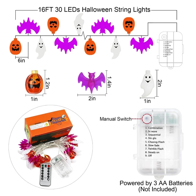 Alt view image 5 of 7 - Halloween Lights Decor 16 ft 30 LED Battery Operated String Light | Timer, Remote Control, 8 Modes, Waterproof, Indoor Outdoor Use, 3D Pumpkin Bat Ghost Lights, Home Door Party Decorations