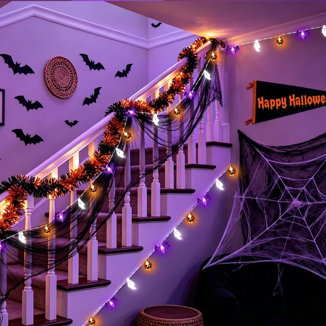 Alt view image 4 of 7 - Halloween Lights Decor 16 ft 30 LED Battery Operated String Light | Timer, Remote Control, 8 Modes, Waterproof, Indoor Outdoor Use, 3D Pumpkin Bat Ghost Lights, Home Door Party Decorations