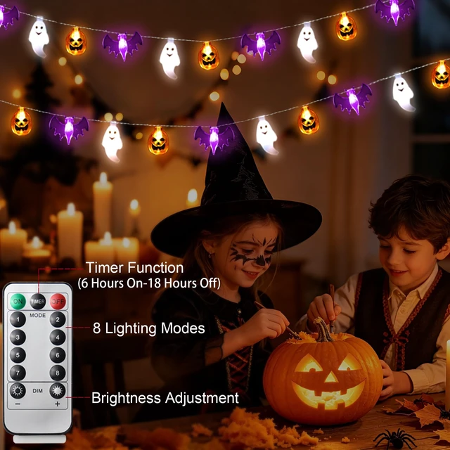 Alt view image 6 of 7 - Halloween Lights Decor 16 ft 30 LED Battery Operated String Light | Timer, Remote Control, 8 Modes, Waterproof, Indoor Outdoor Use, 3D Pumpkin Bat Ghost Lights, Home Door Party Decorations