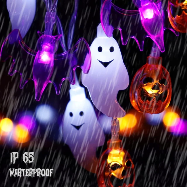Alt view image 2 of 7 - Halloween Lights Decor 16 ft 30 LED Battery Operated String Light | Timer, Remote Control, 8 Modes, Waterproof, Indoor Outdoor Use, 3D Pumpkin Bat Ghost Lights, Home Door Party Decorations