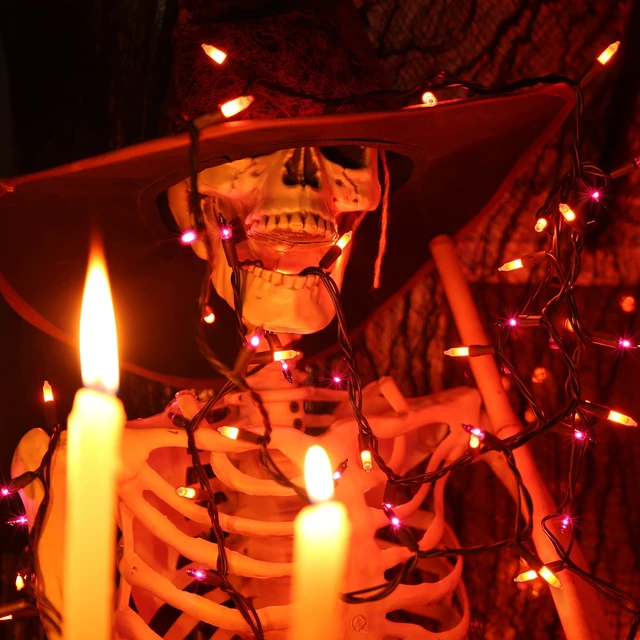 Alt view image 7 of 7 - Orange & Purple Halloween String Lights, 100 ct Incandescent Lights | Connectable; UL Certified; 21.3ft Black Wire; Plugin; Indoor Outdoor Spooky Mini Lights Fall Autumn Holiday Tree Party Decor