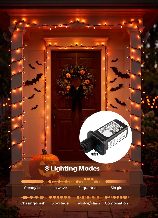 Alt view image 2 of 7 - Orange LED Outdoor Halloween Lights, Halloween Decorations, 39 FT 100 LED Mini Lights with 8 Lighting Modes,Connectable String Light Plug in for Garden Patio Party Haunted House Ghost Holiday Decor