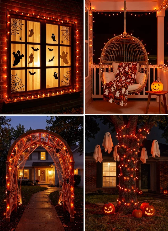 Alt view image 5 of 7 - Orange LED Outdoor Halloween Lights, Halloween Decorations, 39 FT 100 LED Mini Lights with 8 Lighting Modes,Connectable String Light Plug in for Garden Patio Party Haunted House Ghost Holiday Decor