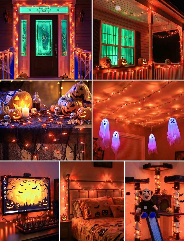Alt view image 6 of 7 - Orange LED Outdoor Halloween Lights, Halloween Decorations, 39 FT 100 LED Mini Lights with 8 Lighting Modes,Connectable String Light Plug in for Garden Patio Party Haunted House Ghost Holiday Decor