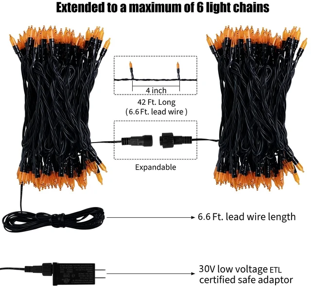 Alt view image 7 of 7 - Orange LED Outdoor Halloween Lights, Halloween Decorations, 39 FT 100 LED Mini Lights with 8 Lighting Modes,Connectable String Light Plug in for Garden Patio Party Haunted House Ghost Holiday Decor