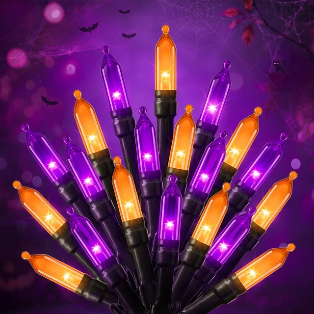 Main image of Outdoor Halloween Lights, 39Feet 100 LED Mini Lights with 8 Lighting Modes, Connectable Halloween String Light Plug In for Garden Patio Party Haunted House Ghost Holiday Decoration, Orange & Purple