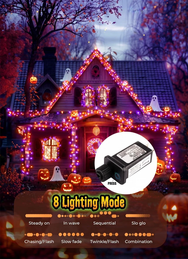 Alt view image 2 of 7 - Outdoor Halloween Lights, 39Feet 100 LED Mini Lights with 8 Lighting Modes, Connectable Halloween String Light Plug In for Garden Patio Party Haunted House Ghost Holiday Decoration, Orange & Purple