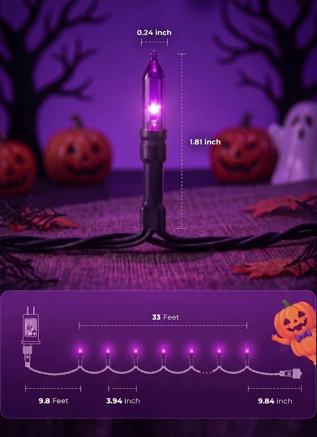 Alt view image 5 of 7 - Outdoor Halloween Lights, 39Feet 100 LED Mini Lights with 8 Lighting Modes, Connectable Halloween String Light Plug In for Garden Patio Party Haunted House Ghost Holiday Decoration, Orange & Purple