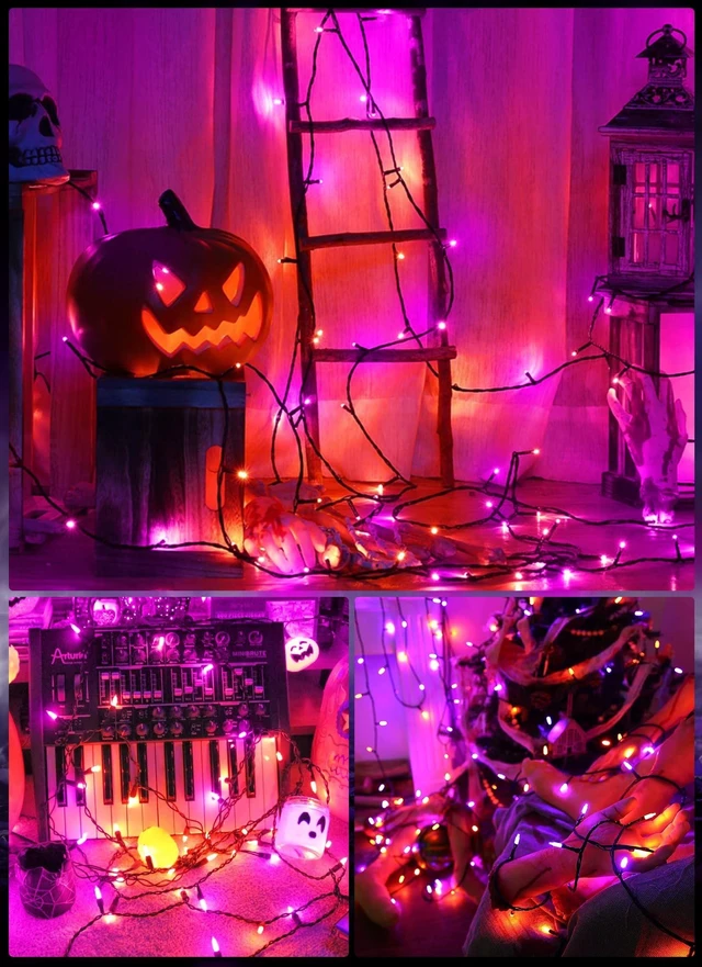 Alt view image 6 of 7 - Outdoor Halloween Lights, 39Feet 100 LED Mini Lights with 8 Lighting Modes, Connectable Halloween String Light Plug In for Garden Patio Party Haunted House Ghost Holiday Decoration, Orange & Purple