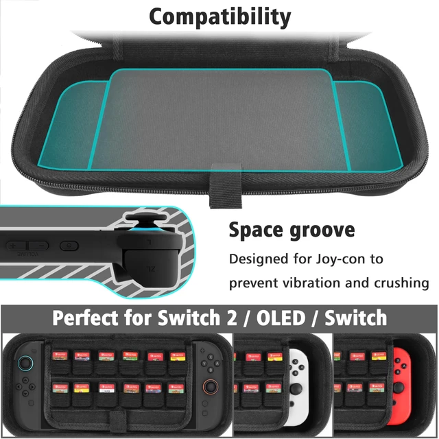 Alt view image 4 of 7 - Hard Shell Protective Carrying Case for Nintendo Switch 2, Black | Portable Travel Case with Adapter and JoyCon Storage, Shock-Absorbing, Soft Interior, 24 Game Card Slot, Accessory Pockets
