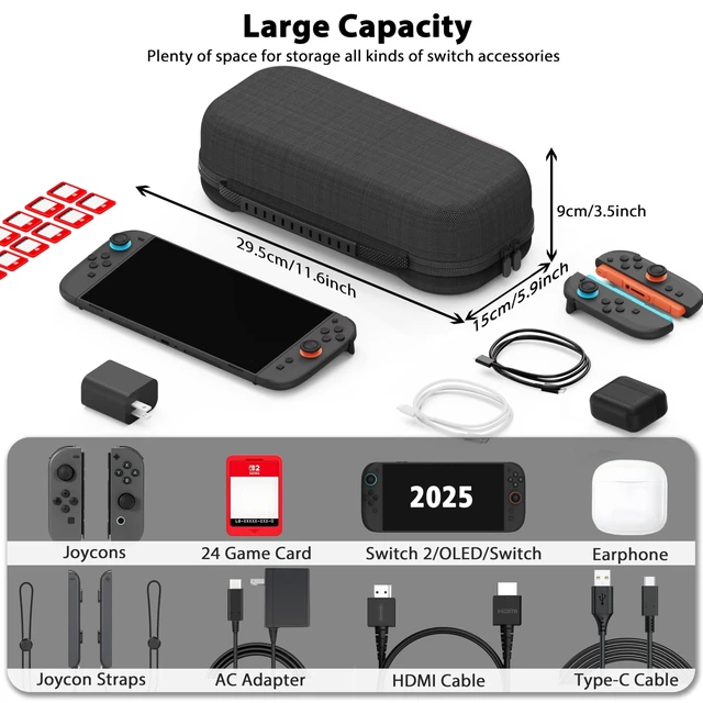 Alt view image 5 of 7 - Hard Shell Protective Carrying Case for Nintendo Switch 2, Black | Portable Travel Case with Adapter and JoyCon Storage, Shock-Absorbing, Soft Interior, 24 Game Card Slot, Accessory Pockets