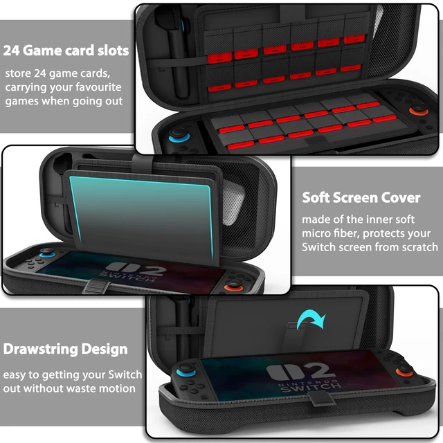 Alt view image 6 of 7 - Hard Shell Protective Carrying Case for Nintendo Switch 2, Black | Portable Travel Case with Adapter and JoyCon Storage, Shock-Absorbing, Soft Interior, 24 Game Card Slot, Accessory Pockets