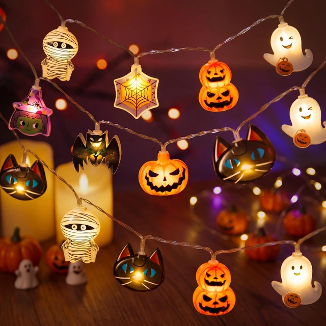 Main image of 19.7FT 30 LED Halloween String Lights with Ghost & Pumpkin 3D Designs, Battery Operated Timer & 8 Lighting Modes, Spooky Indoor Outdoor Halloween Decorations for Party Yard Porch Patio