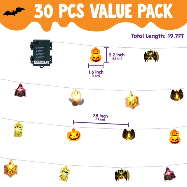 Alt view image 2 of 7 - 19.7FT 30 LED Halloween String Lights with Ghost & Pumpkin 3D Designs, Battery Operated Timer & 8 Lighting Modes, Spooky Indoor Outdoor Halloween Decorations for Party Yard Porch Patio