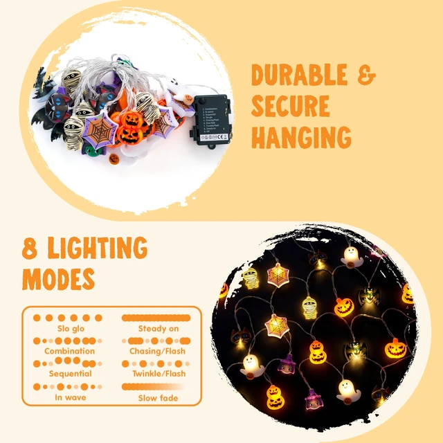 Alt view image 4 of 7 - 19.7FT 30 LED Halloween String Lights with Ghost & Pumpkin 3D Designs, Battery Operated Timer & 8 Lighting Modes, Spooky Indoor Outdoor Halloween Decorations for Party Yard Porch Patio