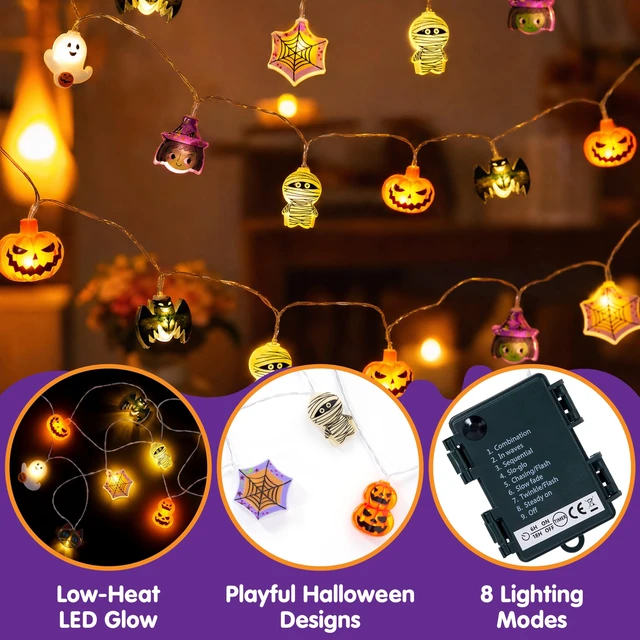 Alt view image 3 of 7 - 19.7FT 30 LED Halloween String Lights with Ghost & Pumpkin 3D Designs, Battery Operated Timer & 8 Lighting Modes, Spooky Indoor Outdoor Halloween Decorations for Party Yard Porch Patio