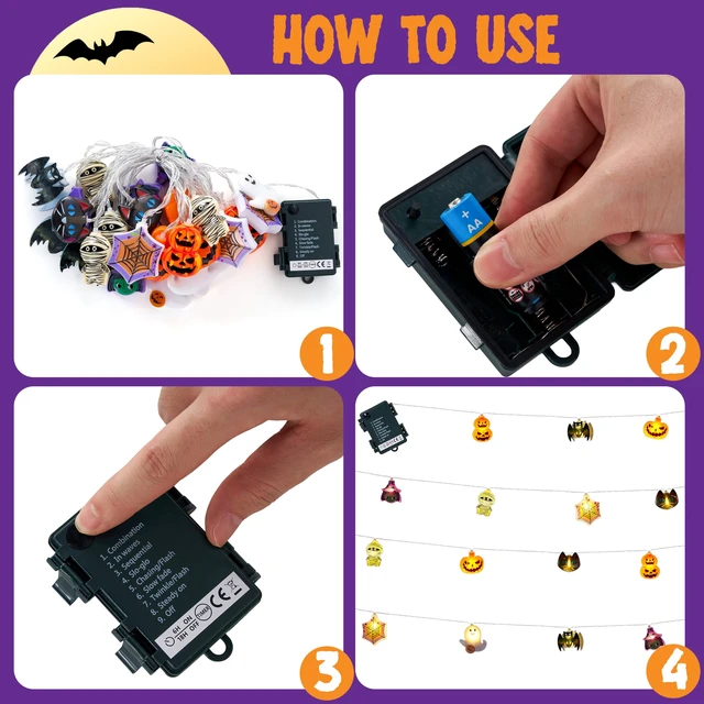 Alt view image 5 of 7 - 19.7FT 30 LED Halloween String Lights with Ghost & Pumpkin 3D Designs, Battery Operated Timer & 8 Lighting Modes, Spooky Indoor Outdoor Halloween Decorations for Party Yard Porch Patio