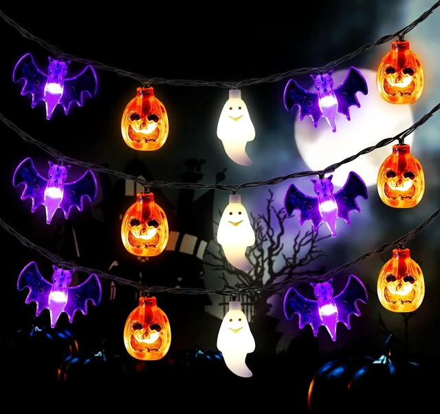 Main image of Halloween Lights, 20Ft 30 LED Pumpkin Ghost Bat String Lights Battery Operated with Timer, 8 Light Modes Halloween Fairy Lights for Indoor Outdoor Party Home Yard Window Decor