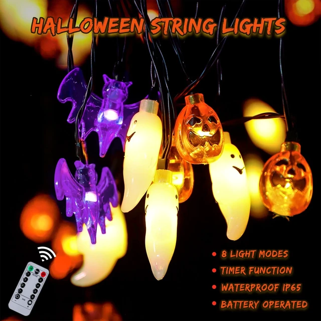 Alt view image 2 of 7 - Halloween Lights, 20Ft 30 LED Pumpkin Ghost Bat String Lights Battery Operated with Timer, 8 Light Modes Halloween Fairy Lights for Indoor Outdoor Party Home Yard Window Decor