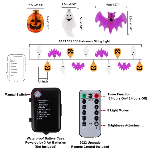 Alt view image 3 of 7 - Halloween Lights, 20Ft 30 LED Pumpkin Ghost Bat String Lights Battery Operated with Timer, 8 Light Modes Halloween Fairy Lights for Indoor Outdoor Party Home Yard Window Decor