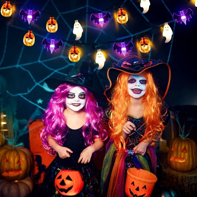 Alt view image 7 of 7 - Halloween Lights, 20Ft 30 LED Pumpkin Ghost Bat String Lights Battery Operated with Timer, 8 Light Modes Halloween Fairy Lights for Indoor Outdoor Party Home Yard Window Decor