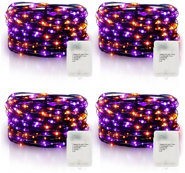 Main image of 4 Pack Halloween Timer Fairy Lights Battery Operated Twinkle Lights | 16.4Ft 50 LED Purple Orange Fairy Lights Outdoor with Timer 5 Modes,Black Wire