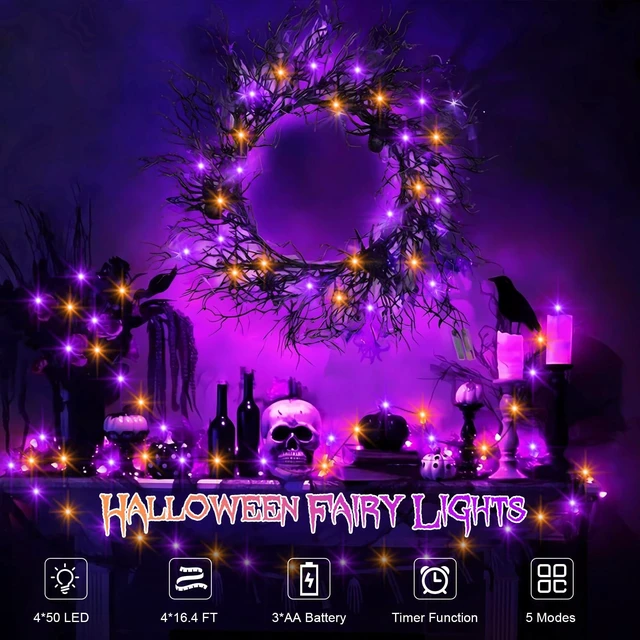 Alt view image 2 of 7 - 4 Pack Halloween Timer Fairy Lights Battery Operated Twinkle Lights | 16.4Ft 50 LED Purple Orange Fairy Lights Outdoor with Timer 5 Modes,Black Wire