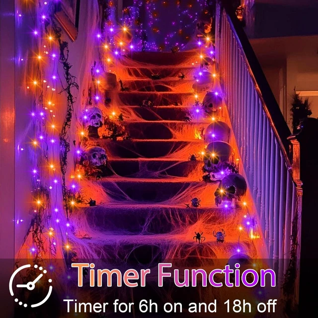 Alt view image 3 of 7 - 4 Pack Halloween Timer Fairy Lights Battery Operated Twinkle Lights | 16.4Ft 50 LED Purple Orange Fairy Lights Outdoor with Timer 5 Modes,Black Wire